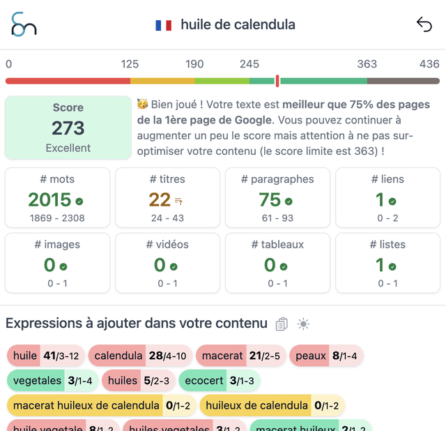 Score SERPmantics d'un contenu du site princesselia