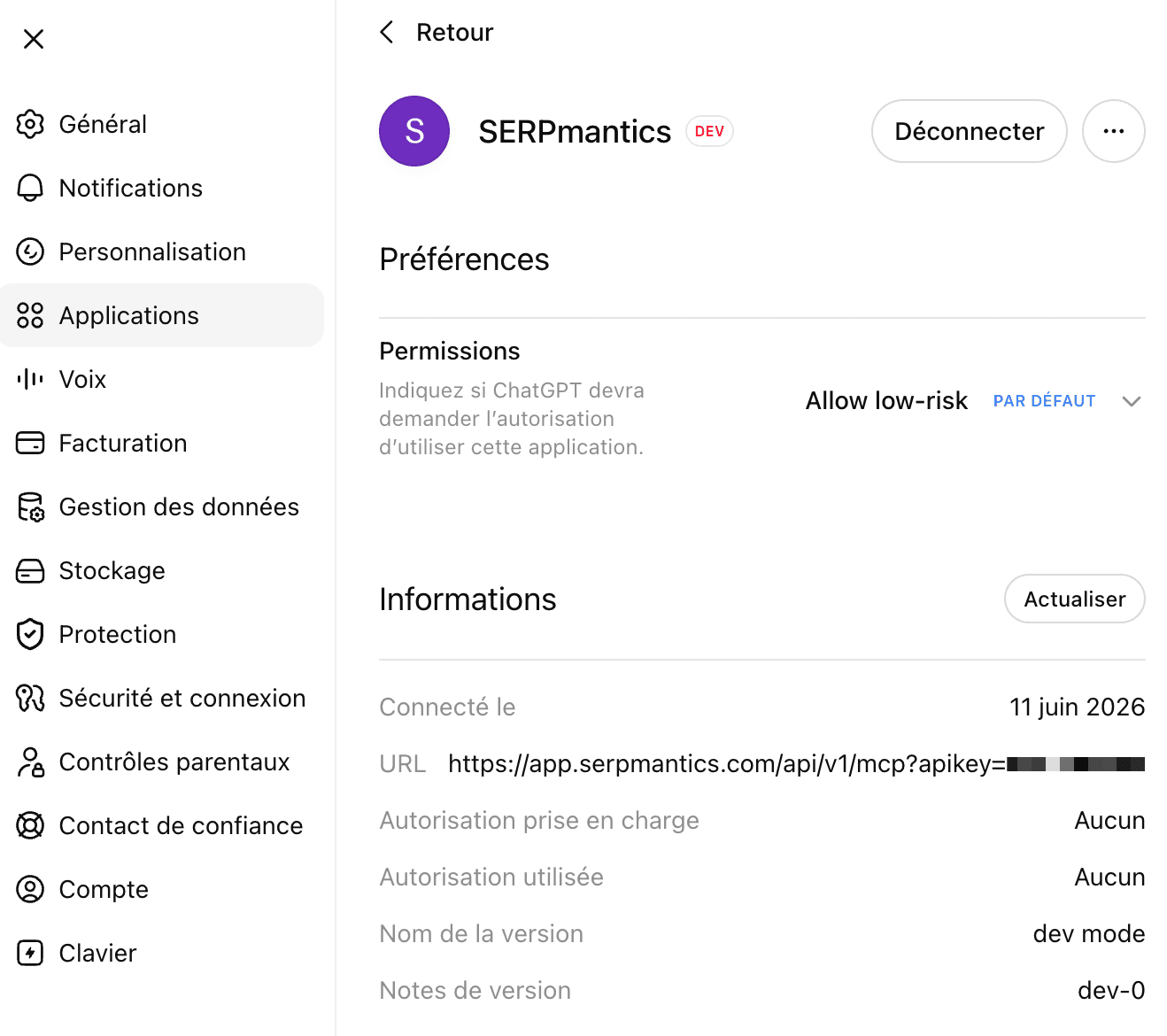 Aperçu : connecteur côté ChatGPT